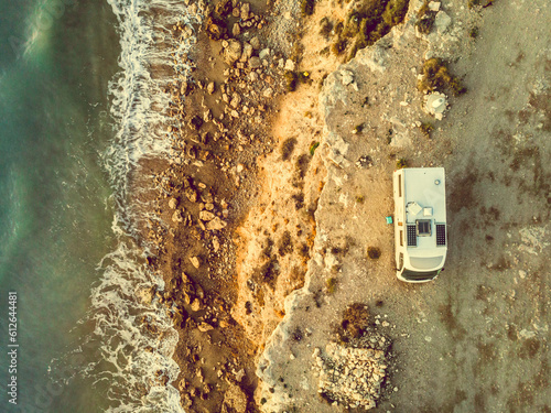 Rv caravan on spanish rocky coast. Aerial view