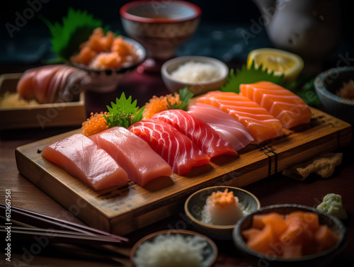 japanese cuisine, set of sashimi, sashimi set, sushi and sashimi, sushi set, Generative AI