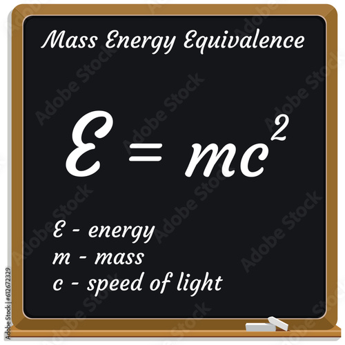 Einstein formula. Mass Energy Equivalence. Formula on a black chalkboard. School. Math. Vector illustration. 