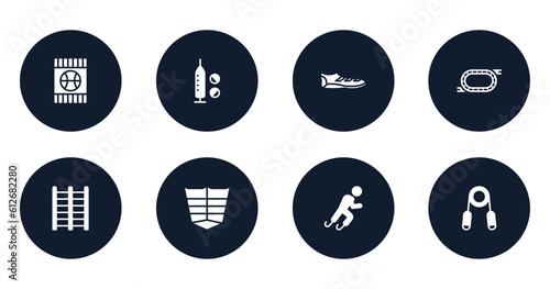 gym filled icons set. flat filled icons sheet included blue card, doping, soccer boots, race track, trellis, abs, paralympics, handgrip vector.