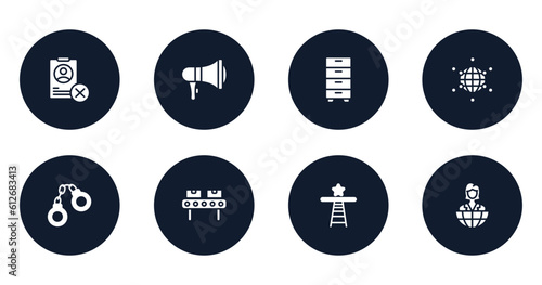 global business filled icons set. flat filled icons sheet included uneducated, bullhorn, cabinet, free trade, handcuffs, manufacture, shortcut, entrepreneur vector.