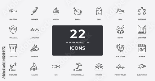 animals outline icons set. thin line icons sheet included sea cow, muffin, jam, juggling, cataract, sailing, pickup truck, clown fish vector.