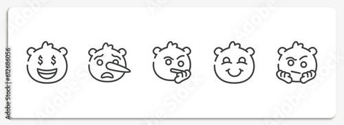 emoji outline icons set. thin line icons sheet included rich emoji, liar emoji, suspicious blushing suspect vector.