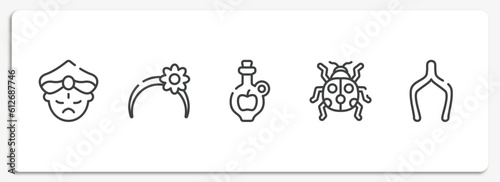 thanksgiving outline icons set. thin line icons sheet included maharaja, headband, cider, ladybird, wishbone vector.