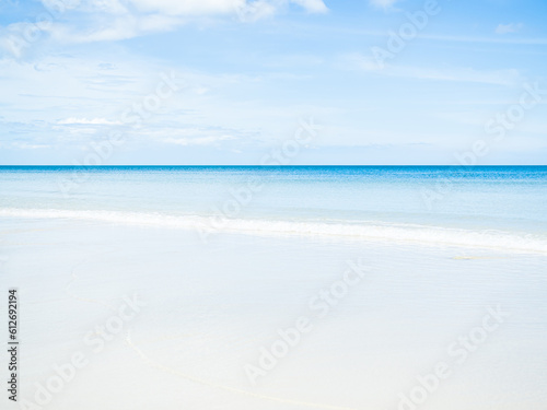 Beach Sand on Sea Summer Background,Wave Water Shore with Blue Sky Horizon Tropical Season,Ocean Seascape at Coast