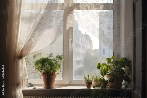 A window adorned with white tulle and pot plants.
