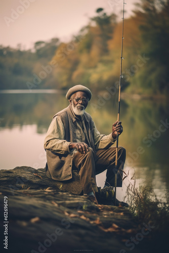 African-American retired man fishing in river bank. Generative AI, Generative AI