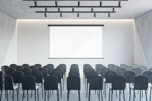 Seminar and lecture concept with blank white poster for advertising text or logo on light wall background in chamber hall with black chairs on concrete floor. 3D rendering, mockup