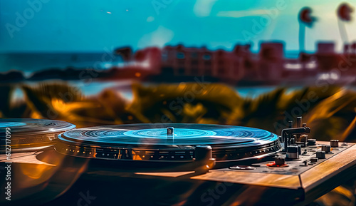 dj play close up, with the beach and hotel resorts in background, generative ai