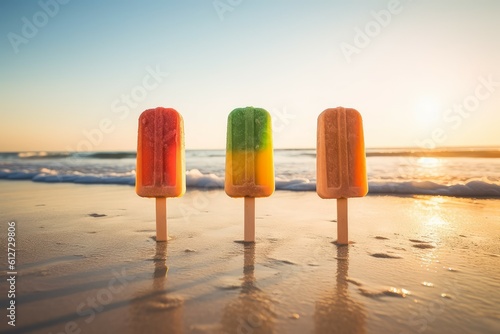 Popsicles beach sunny day. Generate Ai