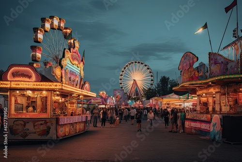 colorful summer carnival at dusk