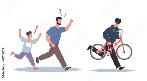 Perpetrator steals childs bicycle, thief runs away with stolen goods from father and son. man carrying vehicle, Criminal scene, bike theft, law break cartoon flat isolated png crime concept