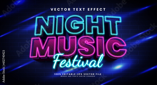 Night music festival 3d editable vector text effect, with neon light style.