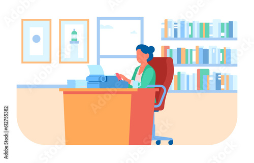Writer works in her office on typewriter. Woman sitting in an armchair behind wooden desk with stack of papers. Author typing text. Editor and copywriter. Secretary job. png concept