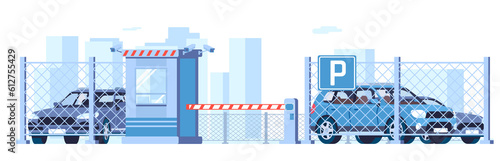 Paid guarded parking for cars with security booth and surveillance cameras. Pass entrance gate. Secure checkpoint. Automobile transportation. Commercial outdoor garage. png concept
