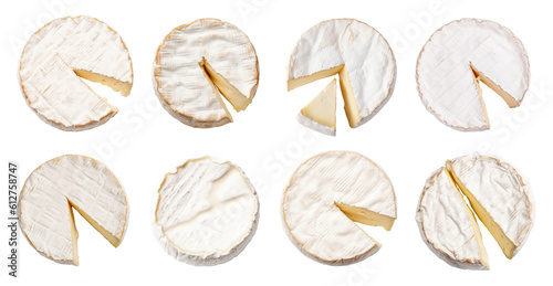 set of isolated illustrations of brie cheese. Created with Generative AI 