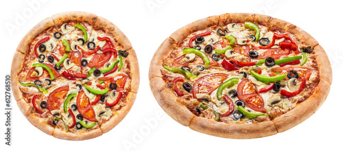 Delicious vegetarian pizza with tomatoes, mushrooms, mozzarella, peppers and olives, cut out