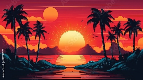 Summer vibes 80s style illustration with sunset. Generative AI