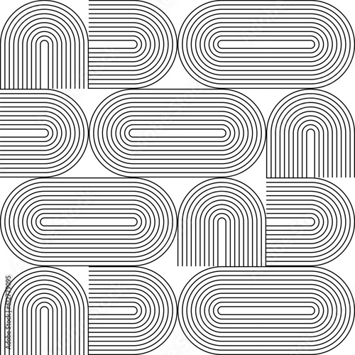 Modern vector abstract seamless geometric pattern with semicircles and circles in retro style. Black u shapes on white background. Minimalist illustration in Bauhaus style with simple shapes.