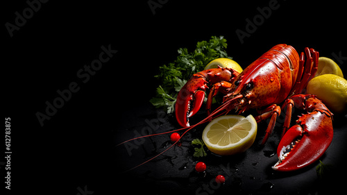 Minimalistic lobster mockup and copy space with a black background, generative AI