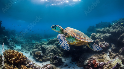 A mesmerizing underwater world, with vibrant coral reefs teeming with a kaleidoscope of tropical fish, as a sea turtle gracefully glides through the crystal-clear waters, capturing the v Generative AI