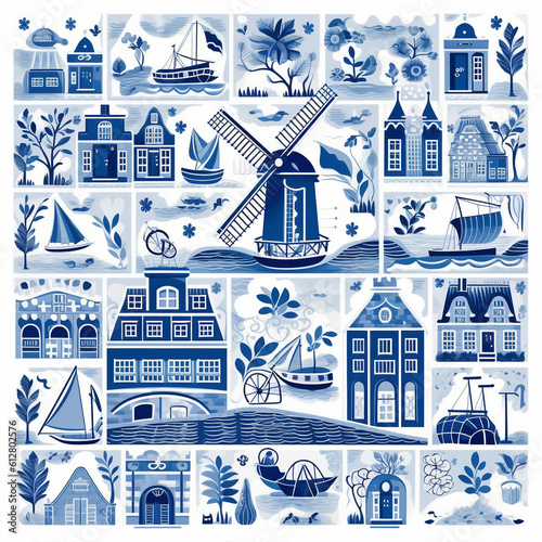 Dutch Delft blue Digital Paper, Holland windmill, Landscape, Dutch Paper for Scrapbooking, Delft blue design, Delft blue tiles