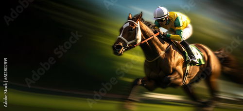 A jockey on a horse in motion. A background with motion blur as negative space.