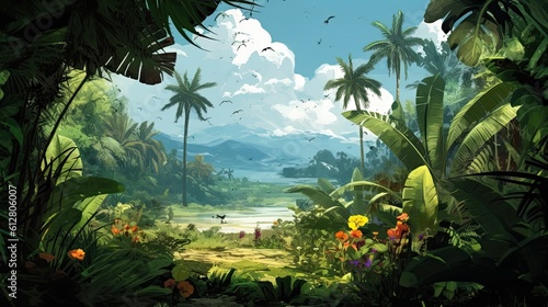 Tropical Paradise: Marvellously Relaxing Island of Coconut Trees, Flourishing Flora, and Glorious Summer Sunlight, Generative AI