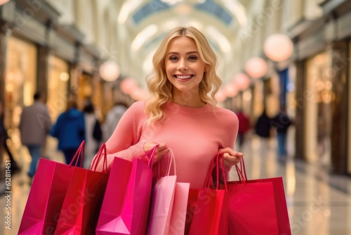 woman in pink with bags shopping in mall, ai generative