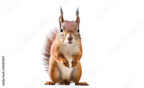 Cheerful squirrel on a white background. Generative AI.