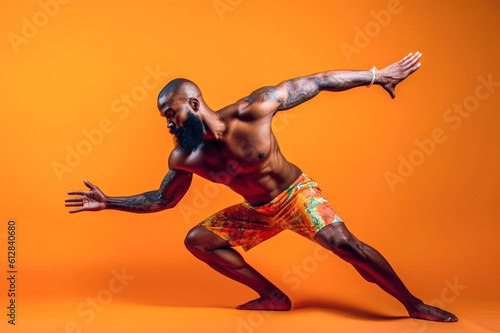 Athletic man in dynamic pose, shirtless, orange background, studio portrait. Generative AI