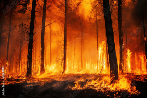 Forest fire or wildfire with burning trees close-up. Generative AI.