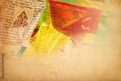 Tibetan prayer flags vintage background with copy space. The prayer flags are used to promote peace, compassion, strength, and wisdom. 