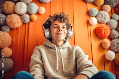 Adolescent boy listening to music with fun headphones in his room at home. Generative AI