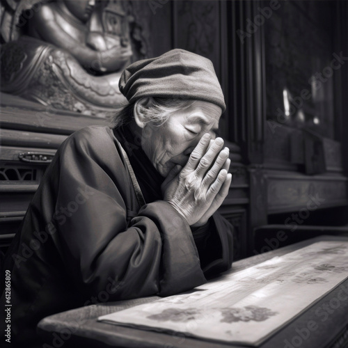 man praying in a temple, generative ai