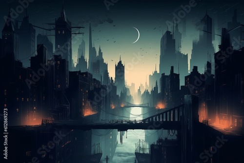 Concept art illustration of Gotham city at night, Generative AI