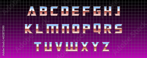Retro alphabet on grid background. Metallic letters in 80's and 90's style for print and web projects. Graphic elements in retro aesthetic for posters, flyers and banners. Vintage letters collection.