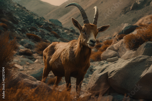Photo goat with large horns ibex standing in mountains