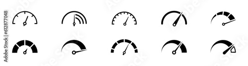 Speedometer, tachometer icon. Speedometer indicator icon collection. Speed indicator vector icons 