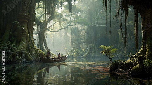 Exploring the Fantastical Swamp Ruins. Giant Tree Forest Secrets. Fantastical Swamp Ruins Wallpaper. Generative AI