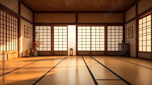 Empty traditional japanese room with tatami mat floor, wood shoji window in sunlight for east asian interior design decoration. generative AI