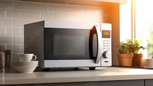 a modern white and black microwave in a house kitchen on the kitchen table. image used for an ad. Generative AI