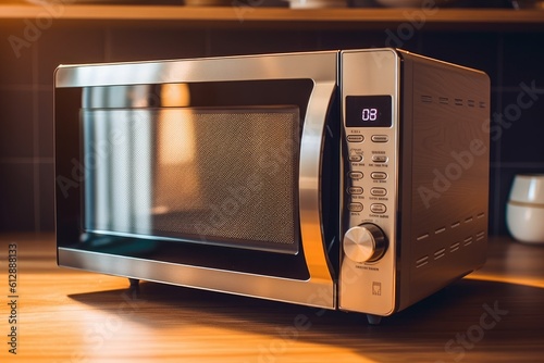 a modern white and black microwave in a house kitchen on the kitchen table. image used for an ad. Generative AI