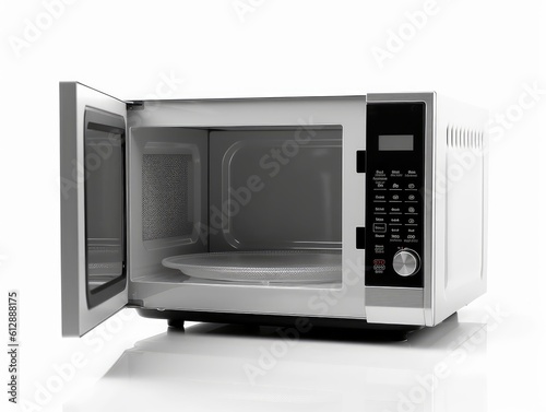 a modern white and black microwave with the door open on white background. image used for an ad. Generative AI