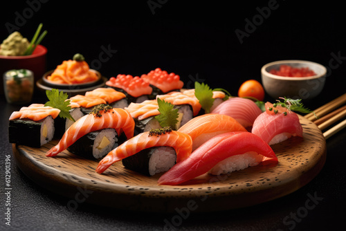plato con sushi variado, ilustracion de ia generativa