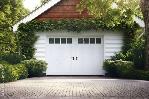White garage door with a driveway in front. Generative AI