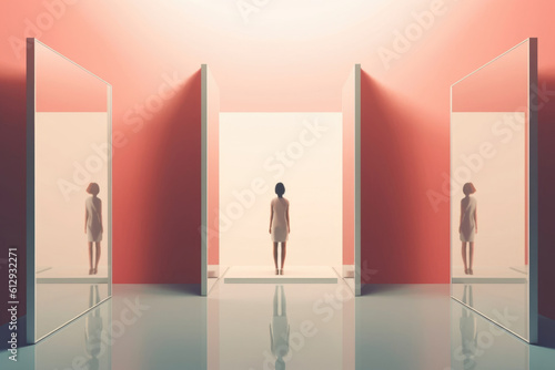 A person is standing in a room filled with mirrors representing a sense of self and the different perspectives Psychology art concept. AI generation