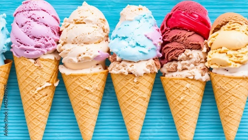 Ice cream cones in a variety of flavours, generative ai
