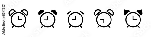 Alarm clock icon set. Alarm horologe, time alarm sign collection