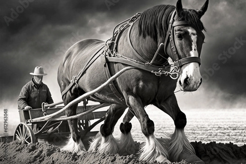Horses plow the land. Horses work field. AI Generated